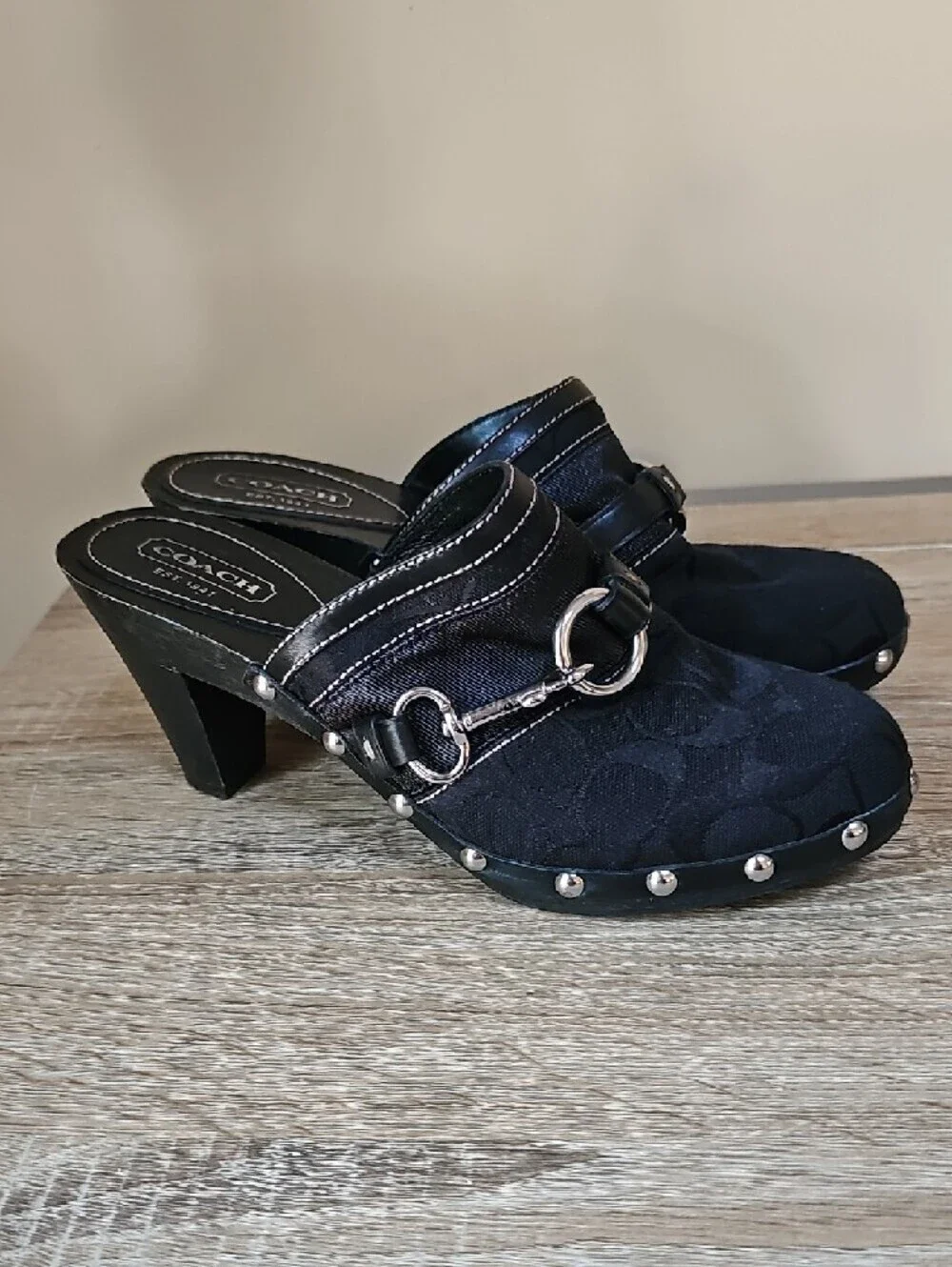 Coach Sutton Black Signature Logo Clog Mules with Silver Hardware